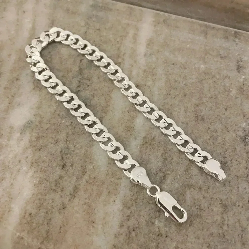 925 Sterling Silver Chain Link Bracelet Flat Link Bracelet - Picture 3 of 4